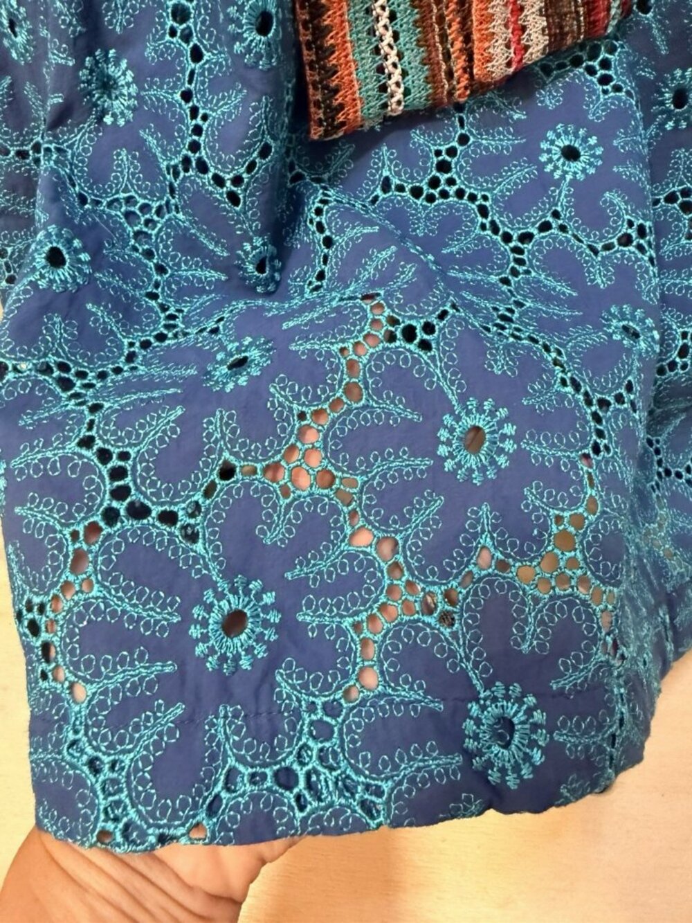Save The Queen Italy Teal & Blue Eyelet Cotton Midi Dress Belted Boho Size M - Picture 4 of 16